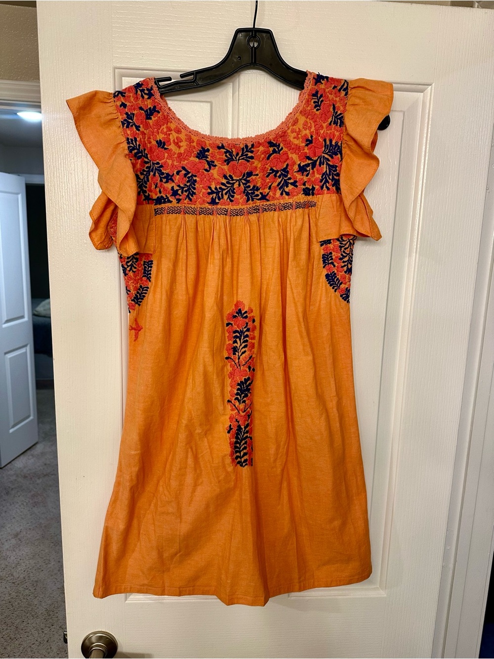 Mi Golandrina Orange Embroidered Flutter-Sleeve Dress